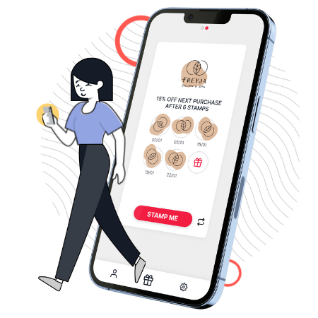 Graphic of a woman holding a phone. Stamp Me phone interface behind with a background image.